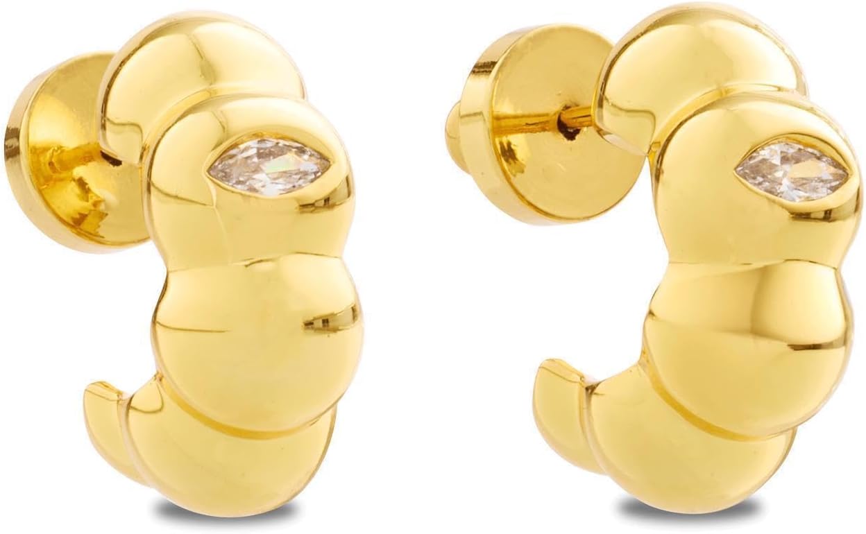 Layered Rylie 18k Gold Plated Bubble Half Hoop Earrings for Women – Sculpted Chunky Gold Studs with Cubic Zirconia Accent – Lightweight Everyday Jewelry