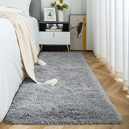 ISEAU Fluffy Runner Rug for Bedroom Plush Area Rugs, Shag Carpet with Rubber Backing Non Slip, Comfy Nursery Rug Bedside Rug for Kids Boys Room Home Decor, 2ft x 6ft, Grey
