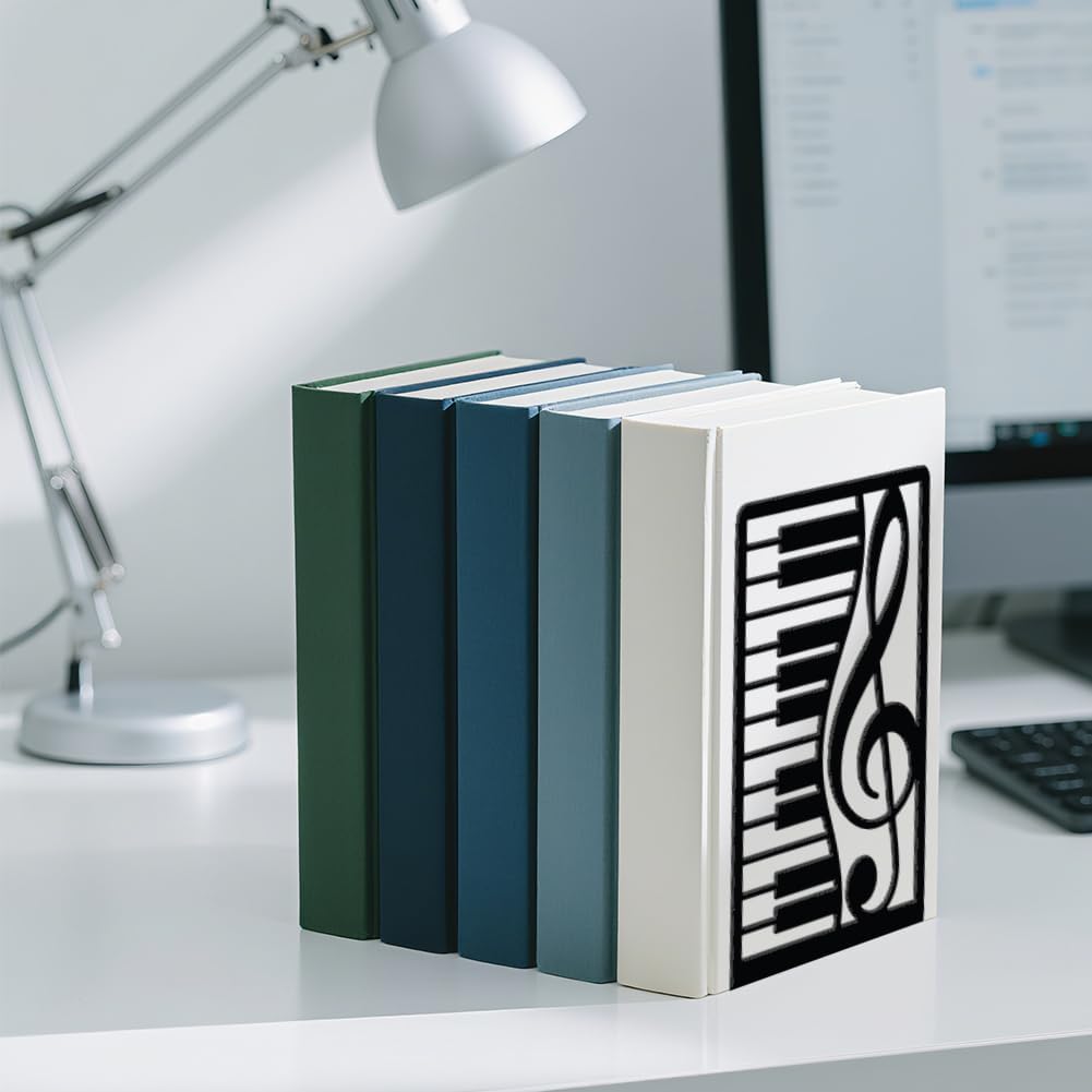 WADORN 1 Pair Piano Musical Notes Metal Decorative Bookend for Shelves, Heavy Duty Book Ends Non-Skid Books Holder Stand Black Book Support Stoppers for Music Books Desk Office Home, 5.3x4.3x7.9 Inch