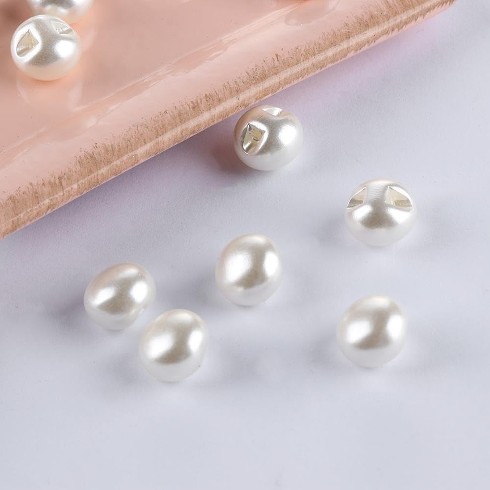 50Pcs Round Plastic Pearl Button Bulk 10mm White Oval Sewing Faux Pearl Buttons with Hole for DIY Craft Sewing Shirt Skirt Dress Sweater Wedding Gown