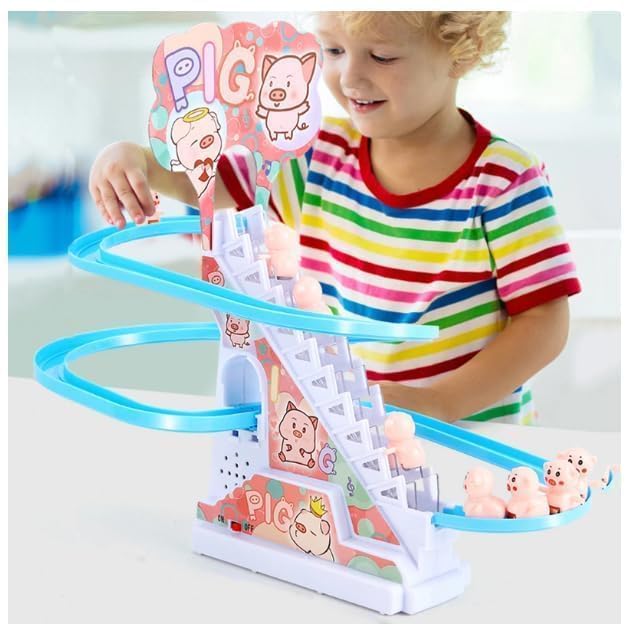 Image of Stair Climbing Cartoon Character Roller Coaster Slide Toy with 3 Small Dolls, Automatic Stair-Climbing Toy with Lights & Music (Cartoon Character Will be Send as per Available in Stock)