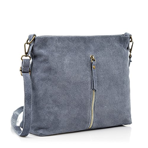 FIRENZE ARTEGIANI. Sac pour femme en cuir véritable. Sac à bandoulière finition camoscio. Poche frontale zippée. Sac bandoulière pour femme. Made in Italy. Vera Pelle Italiana, bleu, Utilitaire – vue 2