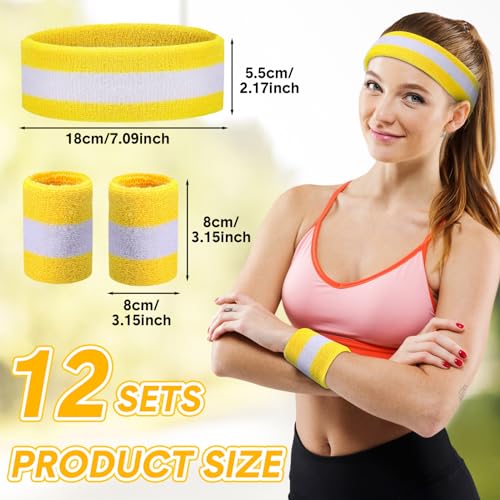 Image of Eurzom 36 Pcs Neon Sports Sweatbands Set Include 12 Striped Sweat Absorbing Headbands 24 Wristbands Athletic for Men Women Basketball Tennis Running Glow Party