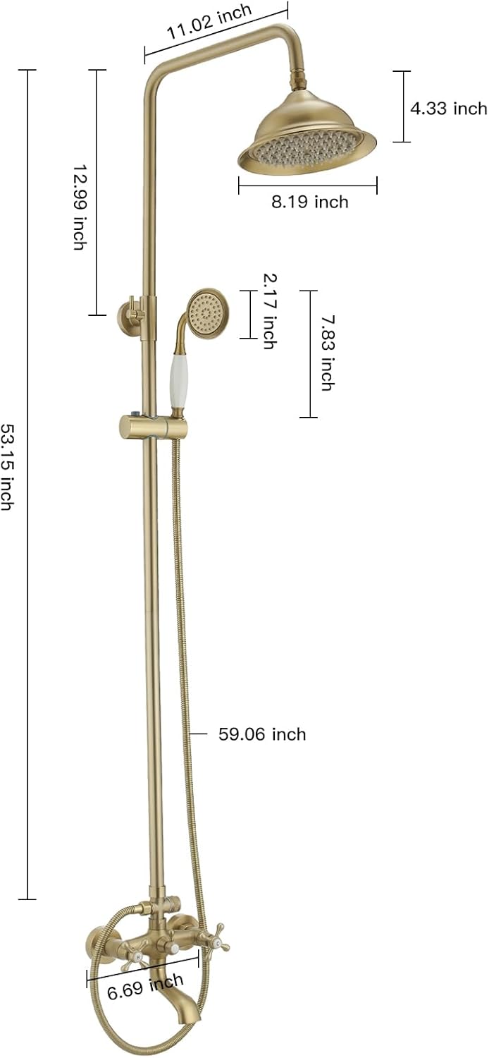 BWE Brushed Gold Triple-Function Shower Fixture Rainfall Shower Set with Adjustable Hand Sprayer and Tub Spout High Pressure Bathroom Shower Fixture Wall Mount Complete Set