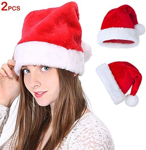 Santa Hat for Adult, Plush Red Velvet Comfort Liner Christmas Santa Hats for Men and Women (2 Pack)