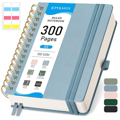 EMSHOI A5 Notebook College Ruled, Spiral Notepad 150 Sheets/300 Pages, 100gsm, HardCover, Sticky Notes, Pocket, Pen Loop, Ruler, Bookmark, Lined Journal for Women Men Writing, 14.5 x 21cm, Gray Blue