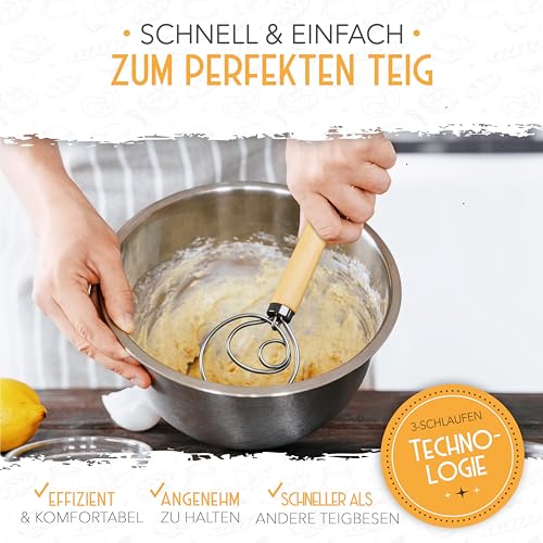 KRUSTENZAUBER Dänischer Schneebesen für perfekten Teig im Handumdrehen - Hochwertiger Teigbesen als Brot backen Zubehör - Teigrührer, Teigkneter, Teigmischer, Danish Whisk als Brotbackzubehör