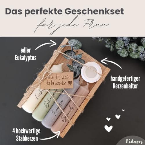 Kerzen Geschenkset Geburtstagsgeschenk für Frauen oder Freundin | nimm dir, was du brauchst | Mitbringsel | Kerzenhalter Holzkiste mit Kerzen Deko und Eukalyptus