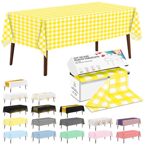 CXPSINC 54 Inch X 300 Feet Plastic Table Cover Roll Disposable Tablecloth with Slide Cutter for All Type/Shape Tables | Party, Banquet, Birthdays, Weddings(Yellow Checkered, 300 Feet)