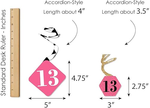 Miniatura 8 de Big Dot of Happiness Elegante 13 cumpleaños - rosa, negro y dorado - Remolinos decorativos colgantes para fiesta - Juego de 40