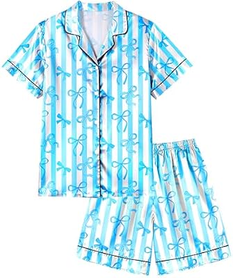 Sylfairy Girls Silk Pajamas Set – Short Sleeve Satin Nightwear with Bow, Button-Down, Blue Stripe, S...