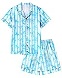 Sylfairy Girls Pajamas Silk PJS Set Bow Satin Sleepwear Short Sleeve Jammies for Kids Button-Down Nightwear Loungewear Clothes Set Gifts Blue Strip Bow Size 11-12