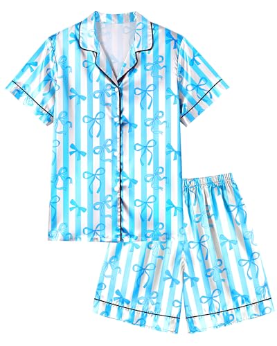 Sylfairy Girls Pajamas Silk PJS Set Bow Satin Sleepwear Short Sleeve Jammies for Kids Button-Down Nightwear Loungewear Clothes Set Gifts Blue Strip Bow Size 9-10