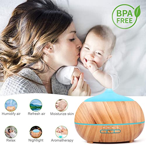 Foto von Aroma Diffuser für ätherische Öle: 500ml, Ultraschall, Aromatherapie mit Fernbedienung Raumbefeuchter Elektrisch Duftlampe Luftbefeuchter Holzmaserung Duftöl Diffuser für Zuhause Büro Yoga