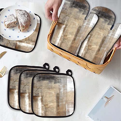 Mcalk 5 Pcs Light Brown Gray Oven Mitts And Pot Holders Sets, Black Oven Gloves And Hot Pads For Kitchen Cooking, Abstract Modern Art Oven Mitt Potholder Is Both Functional And Decorative #TOP2