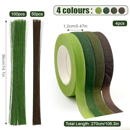 CTYUEYUN 4 Stück Floristenband 150Pcs Floristendraht Floristry Supplies, 27m/Rolle Bouquet Tape for Florist Bouquet Fixing and DIY Packaging Decoration(Grün, Kaffee)