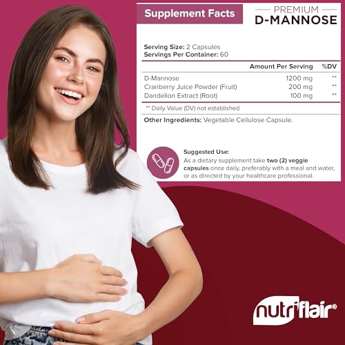 NutriFlair D-Mannose 1200mg, 120 Capsules - with Cranberry and Dandelion Extract - Natural Urinary Tract Health UTI Support - Best D Mannose Powder - Flush Impurities, Detox Body, for Women and Men - Thumbnail 3