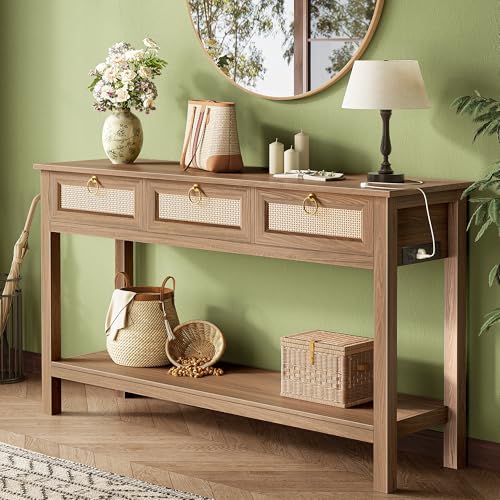 SUPERJARE Rattan Console Sofa Table with Outlets and USB-C Port, 3 Drawer Entryway Table with Synthetic Rattan Surface, Open Shelf, Behind Couch Entry Foyer Hallway Storage, Brown by SUPERJARE - Used condition - US$142.49