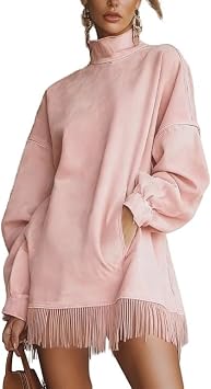 Womens Top Fringed Dress Clothing Fashion High Collar Loose Pockets Long Sleeve Dresses StreetwearA3,X-Large