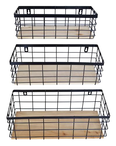 ShabbyDecor Metal Wire Basket Detachable Wood Base Storage Organizer Farmhouse Bin for Kitchen Cabinets, Bathroom, Pantry, Laundry Room, Closets Set of 3,Black Color
