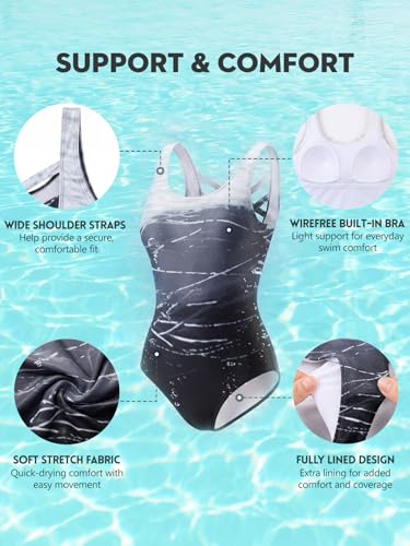 American Trends Athletic One Piece Swimsuits for Women Full Coverage Modest Bathing Suits Chlorine Resistant Water Aerobics Sporty Swimwear Black Gradient L