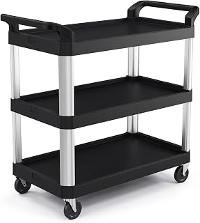 Suncast Commercial 3-Tier Heavy Duty Work Cart with Non-Marking Wheels, Ergonomic Handles, Holds up to 300 lbs, 20" x 40", Black and Silver, Made in The USA
