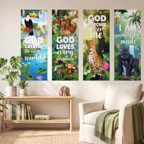 Image of Panelee 4 Pcs Rainforest Falls Porch Banner Sunday School 2026 VBS Decoration Jungle Forest Religious Bible Verse Hanging Backdrop for Tropical Church Classroom Wall Indoor Outdoor Decor