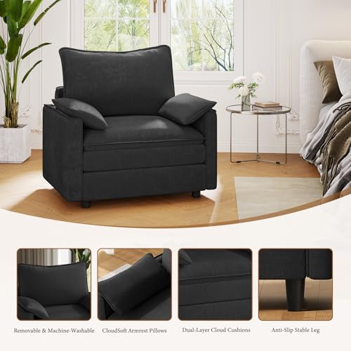 Image of Vesgantti 40 inch Single Seat Sofa, Comfy Cloud Couch Deep Seat Upholstered Couch Chenille Modern Sofa with Armrest Pillows, Easy Assembly for Living Room, Bedroom and Apartment, Black