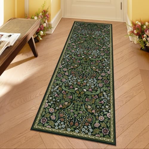 Moynesa Green Floral 2x6 Runner Rug for Hallway, Vintage Kitchen Runner