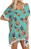 RAISEVERN Women's Swimwear Cover Up Tropical Hawaiian Pineapple Chiffon Beach Bathing Suit Pom Pom Bikini Swimwear Cover-Ups
