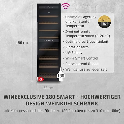 Foto von Caso WineExclusive 180 Smart - Design Weinkühlschrank für bis zu 180 Flaschen - Zwei getrennte Temparaturzonen einstellbar von 5°-20°C für Rot- & Weißwein, LED beleuchtet, mit Wi-Fi Modul und App