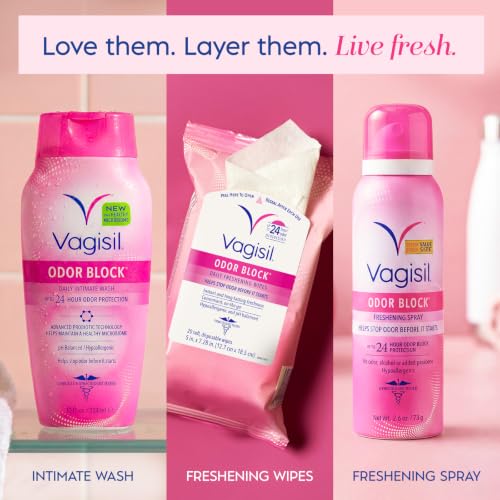 Vagisil Odor Block Daily Freshening Wipes for Feminine Hygiene in Resealable Pouch, Gynecologist Tested & Hypoallergenic, 20 Wipes (Pack of 1)