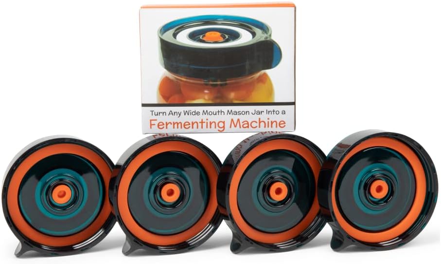 Easy Fermentation Lids for Wide Mouth Mason Jars - 4 Waterless Airlock Fermentation Kit with Easy Release Tab - Refill Pack (Fermentation jar and Pump Not Included).Good Christmas Fermenting Gifts.