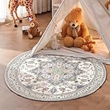 OPPODREAM Soft Round Rug 4ft, Washable Circle Rug 4ft with Non Slip Backing Play Room, Low-Pile Carpet 4 ft, Small Faux Cashmere Throw Carpet, Purple & Green & Cream