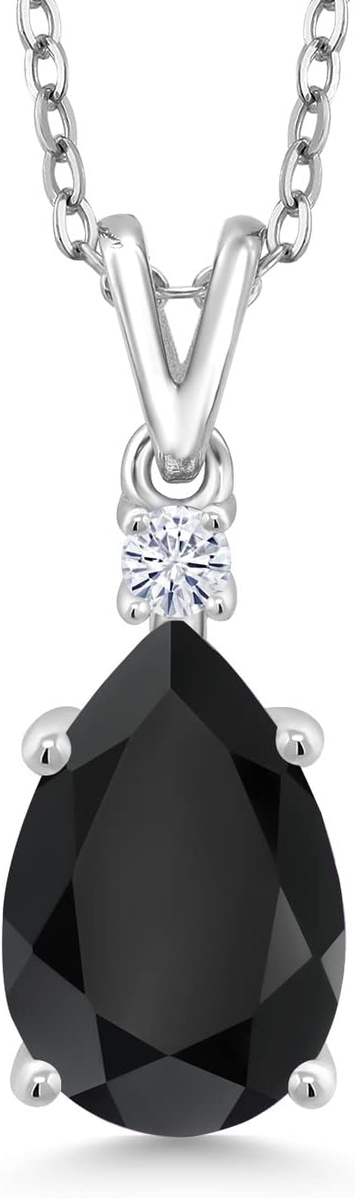 Gem Stone King 925 Sterling Silver Black Onyx and White Moissanite Pendant Necklace For Women | 2.84 Cttw | Pear Shape 12X8MM | with 18 Inch Silver Chain