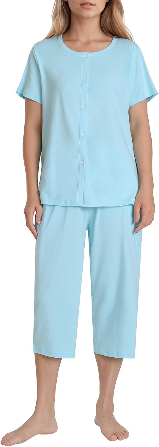 Women's Petite Capri Pajamas Set Cotton Button Down Pjs