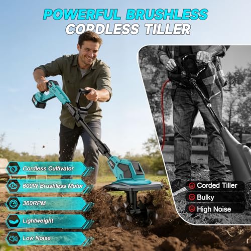21V Cordless Tiller Cultivator, 360RPM Electric Garden Rototiller with 6000mAh Battery, 9In Tilling Width 6.6In Depth, Battery Powered Soil Cultivator for Garden Lawn Yard Planting — view 5