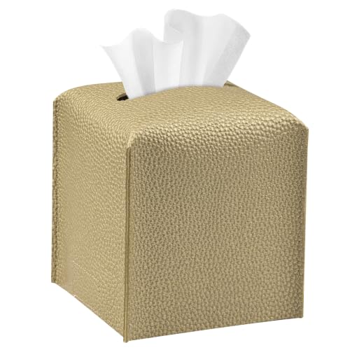 PARIERIS Tissue Box Cover Holder Square Tissue Cube Cover PU Leather Tissue Organizer with Bottom Belt for Bathroom, Tabletop, Car, Night Stands, Office, Home, Kitchen (1, Gold)