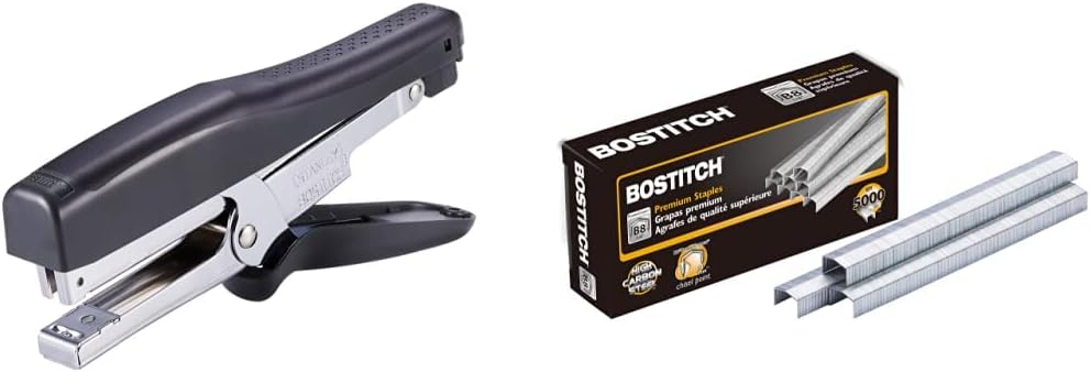 Bostitch Office B8 Xtreme Duty 45 Sheet Plier Stapler, Black (B8HDP) & Bostitch B8 PowerCrown 0.25 Inch Staples, Pack of 5,000 Staples (STCRP21151/4)