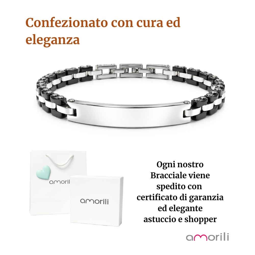 Bracciale Uomo Personalizzabile Inciso in Acciaio Inox e Ceramica Nera Sfaccettata – Braccialetto Personalizzato con Frase Data Nome – Gioiello Regalo Uomo Elegante
