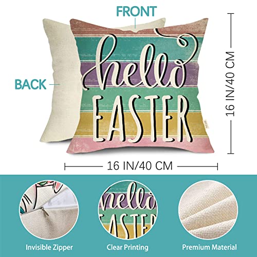 Fjfz Hello Easter Bunny Eggs Truck Decorative Throw Pillow Covers 16 X 16 Set Of 4, Spring Welcome Peeps Retro Porch Outdoor Home Decor, Floral Farmhouse Stripes Holiday Sofa Couch Cushion Case #TOP1