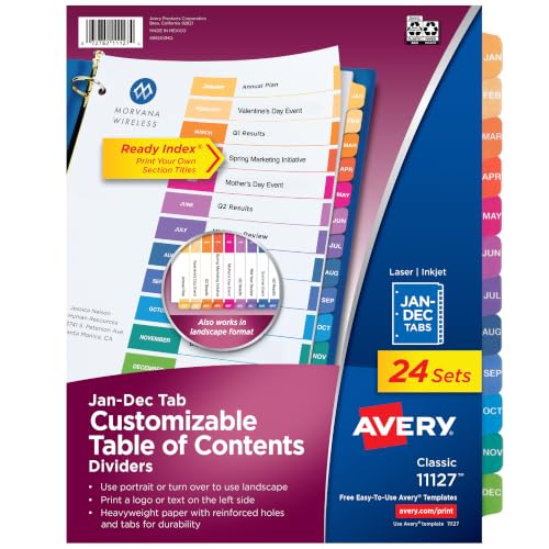 Avery® Table of Contents Dividers, Jan-Dec Tab, Multicolor, 24 Sets