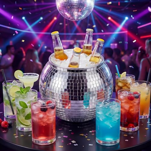 Ferrochef 6 Pcs Disco Punch Bowl Set, 1.3 Gallon Large Plastic Punch Bowl with Ladle and 4 Glass Cups for Disco Party Favor Bar Supplies Holiday Wedding Valentine St. Patricks Day Barbecue Party - Thumbnail 2