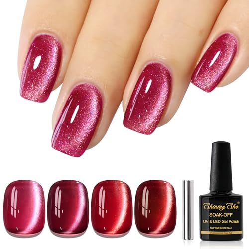 Shining She Gel Nail Polish Cat Eye, 4 Colours Rose Red Burgundy Crystal Magnetic Gel Polish with Magnet Soak-Off UV/LED Glitter Gel Polish for Nail Art Salon DIY Home, 8 ML