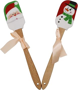 Christmas Silicone Spatula, Set of 2, Large Santa & Snow Man Spatula with Wooden Handle, Great for Christmas Decorating, Gifts and Baking12.6inch
