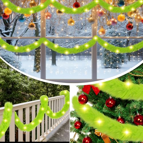 Jutom 50 Ft Christmas Tree Garland Lime Green LED Lighted Faux Fur Ribbon Trim Artificial Furry Stripe Roll Garland for Xmas Holiday Winter Indoor and Outdoor Decoration(Green) by Jutom - Used condition - Image 5