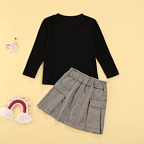Kids Toddler Baby Girl Fall Outfits Knit Sweater Long Sleeve T-Shirt Tops A-Line Mini Skirt 2Pcs Clothes Set (Knit Black+Plaid, 5-6 Years) #TOP6