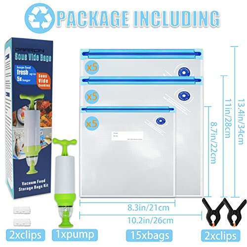 Sous Vide Bags 20pack Kit,Daarcin 3 Sizes Sous Vide Bag Kit with Pump-15 BPA Free Reusable Vacuum Sealer Bags-1 Hand Pump-2 Zipper Clips-2 Clamps for Food Storage and Sous Vide Cooking by daarcin - Image 6