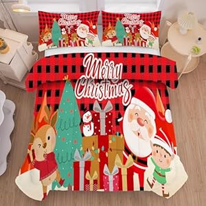 Christmas Comforter Set Queen Size Plaid Bedding Sets for Kids Boys Girls Bedroom Xmas Gift Christmas Festival Quilt Set,1 Comforter + 2 Pillow Cases 1 Queen