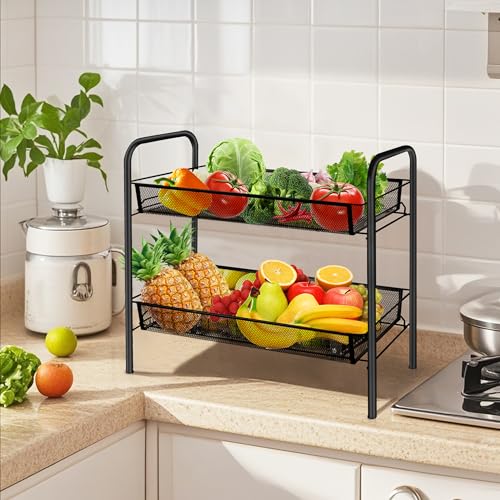CVHOMEDECO. 2 Tier Fruit Basket Large Capacity Rectangular Metal Fruit Bowl Detachable Metal Fruit Stands Organizer for Kitchen Counter, Bread, Vegetable, Snack and Fruits. Black by CVHOMEDECO. - Image 2